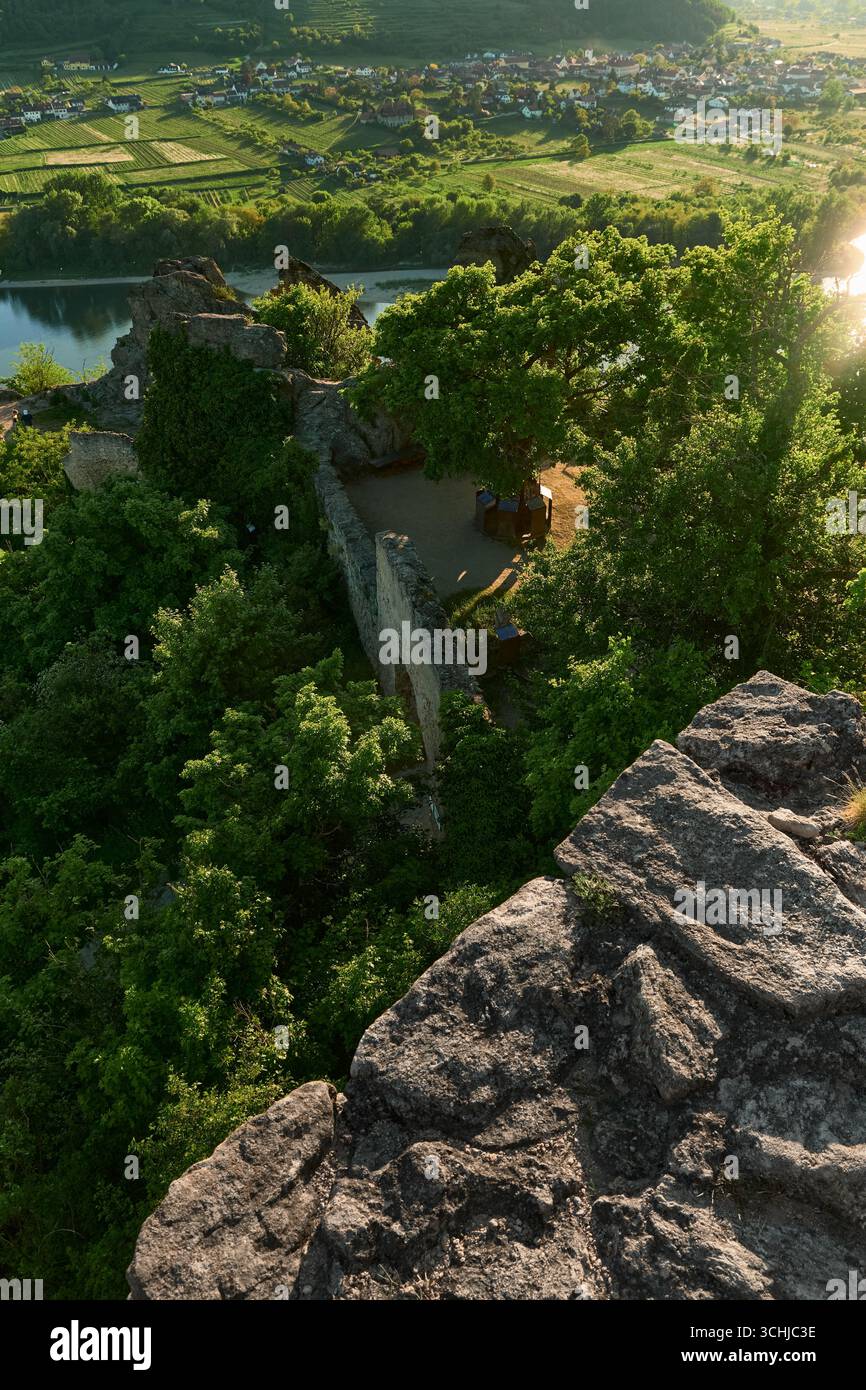 Sonniger Hochwinkelblick von der Burgruine hinunter zu einem Aussichtspunkt mit einem Baum, umliegenden Bäumen, der Donau, Weinbergen und kleinen Dörfern in Wachau Stockfoto