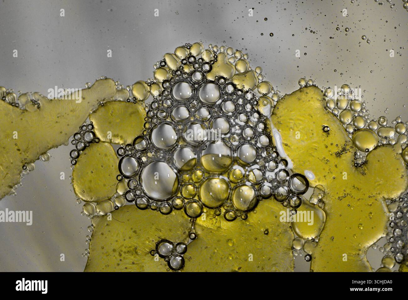 Öl- und Wasserblasen mit gelben Flecken und einem horizontalen Band zeigen verschiedene Größen und Texturen, die in Makros vor neutralem Hintergrund fotografiert wurden. Stockfoto