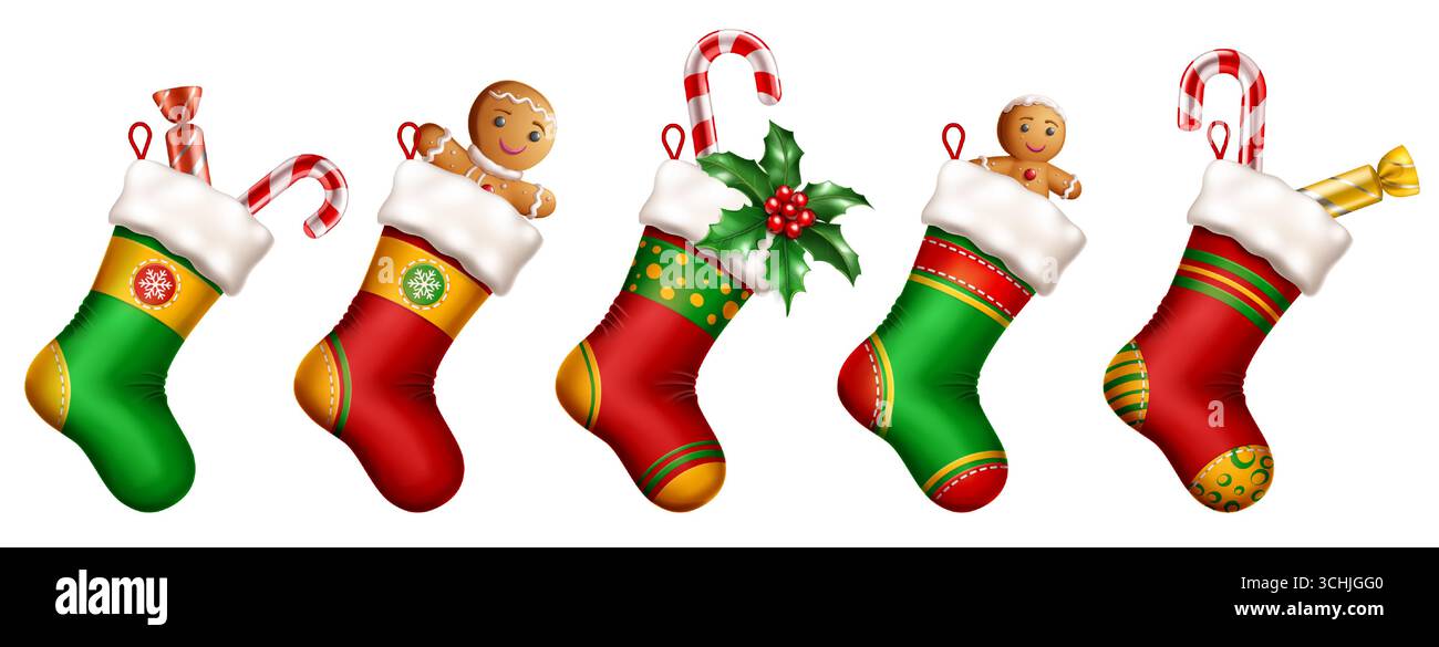 Set aus fünf festlichen Weihnachtsstrümpfen mit Weihnachtsgeschenken wie Zuckerstangen, Lebkuchenmännern und stechpalme. Jeder Strumpf ist einzigartig gestaltet Stock Vektor