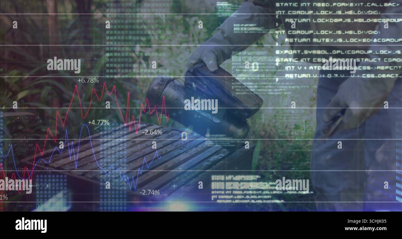 Metallbienenraucher halten, Imker im Schutzanzug rauchende Bienenstöcke im Garten, Kopierraum Stockfoto