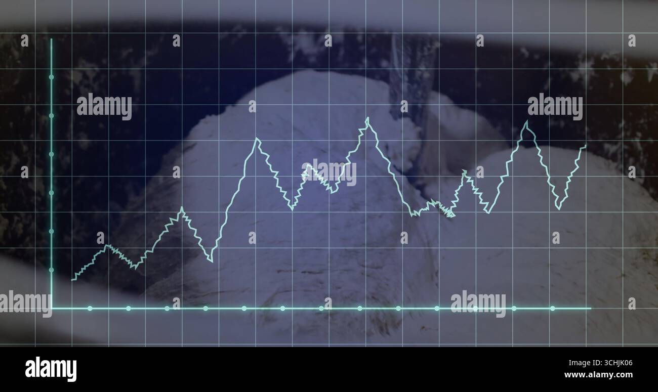 Rasterüberlagerung mit blauem Liniendiagramm auf Metallschale im Labor, mit Pulver und kreisförmigen Markierungen Stockfoto