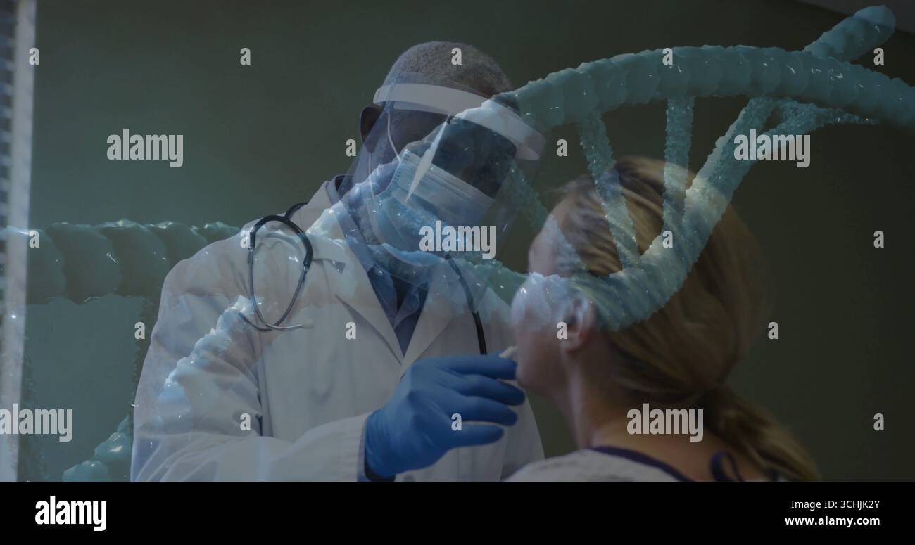 Arzt mit weißem Mantel, der dem Patienten im Untersuchungsraum Nasenabstrich verabreicht, mit DNA-Helix-Grafik Stockfoto