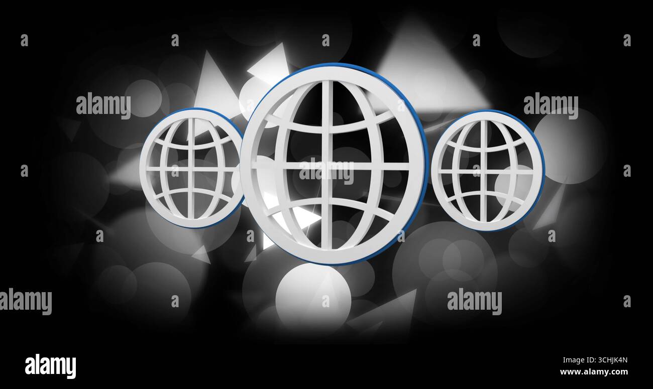 Anzeige von drei 3D-Globus-Symbolen im digitalen Hintergrund, mit weißem Raster und blauer Umrandung Stockfoto