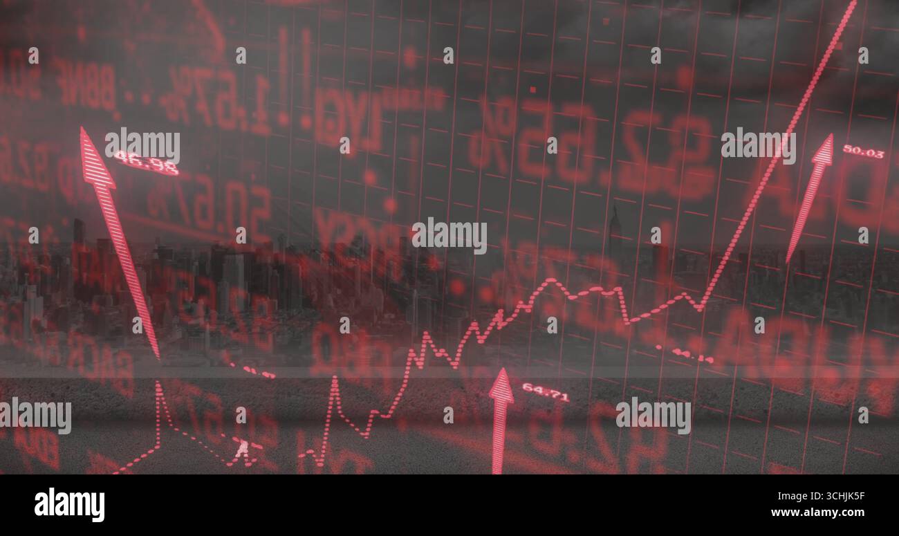 Rote Finanzüberlagerung, die sich über die Stadtstraße bewegt, mit Zahlen Rasterlinien Linien Linien Pfeile Stockfoto