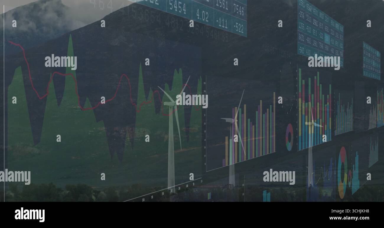Drei weiße Windturbinen, die das grüne Tal antreiben, mit schwimmenden Finanzdaten-Diagrammen Stockfoto