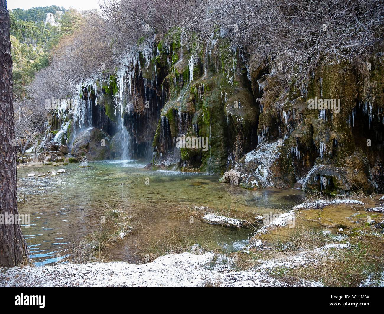 Eine Winterlandschaft zeigt einen Wasserfall mit Eiszapfen und Moos, der eine ruhige Atmosphäre an einem ruhigen Teich schafft. Stockfoto