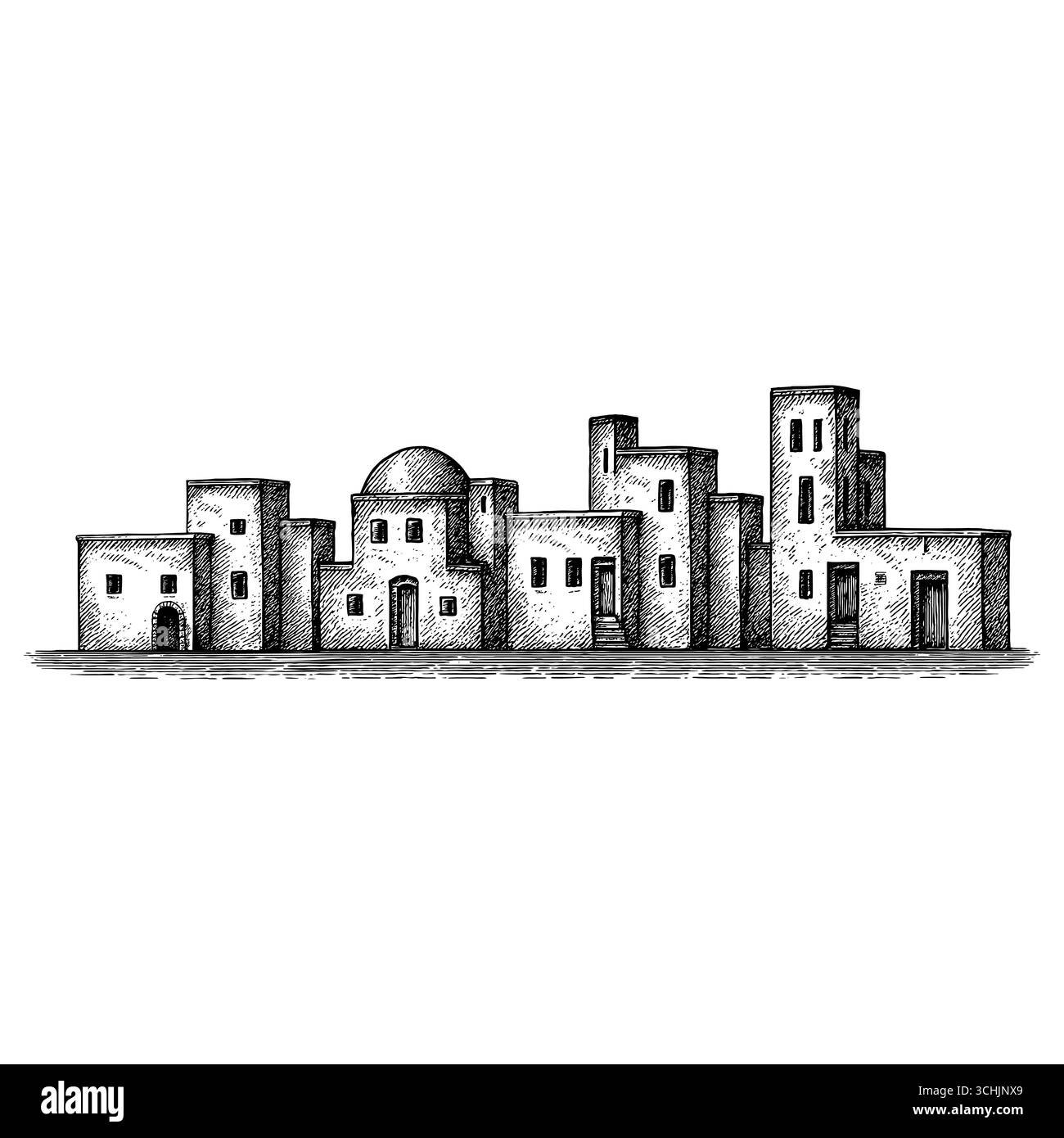 Das Heilige Land: Ein Panoramablick auf die antike biblische Stadt Bethlehem oder Nazareth mit traditioneller Steinarchitektur und Palmen bei Sonnenuntergang Stock Vektor