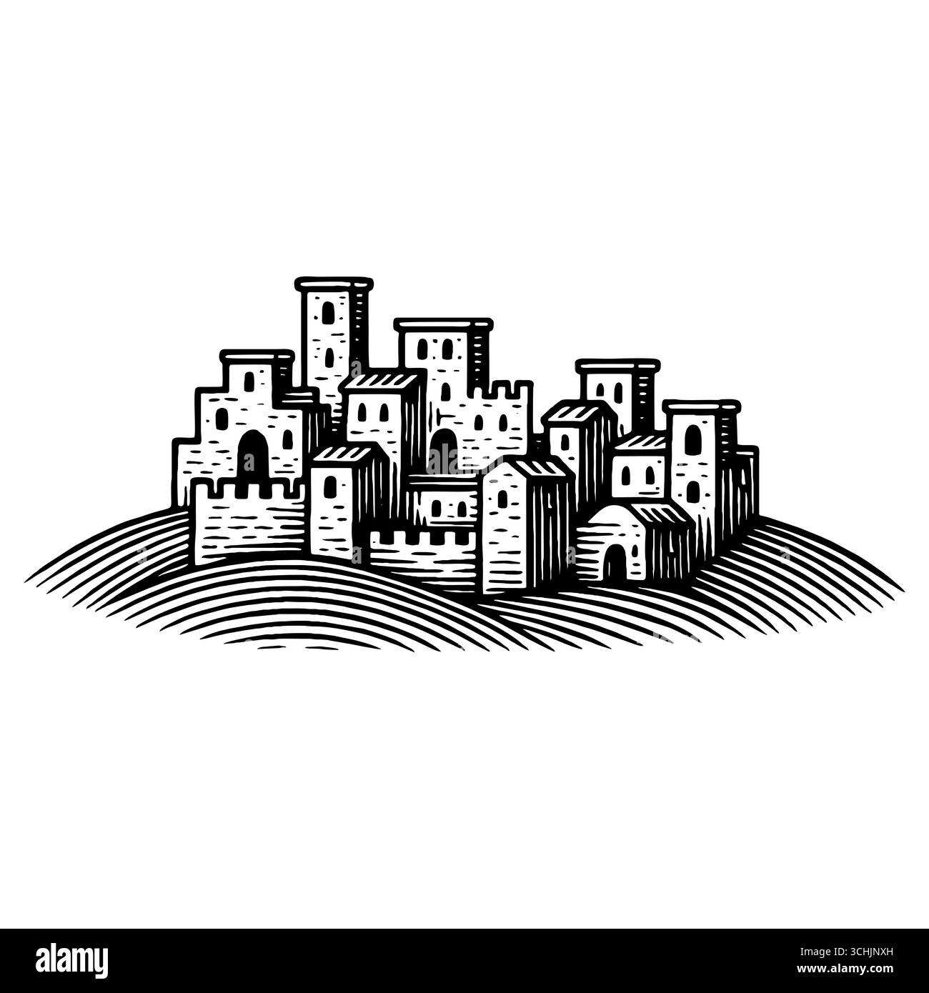 Das Heilige Land: Ein Panoramablick auf den Sonnenuntergang der antiken biblischen Stadt Bethlehem oder Nazareth mit traditioneller Steinarchitektur, Palmen und einem Hi Stock Vektor