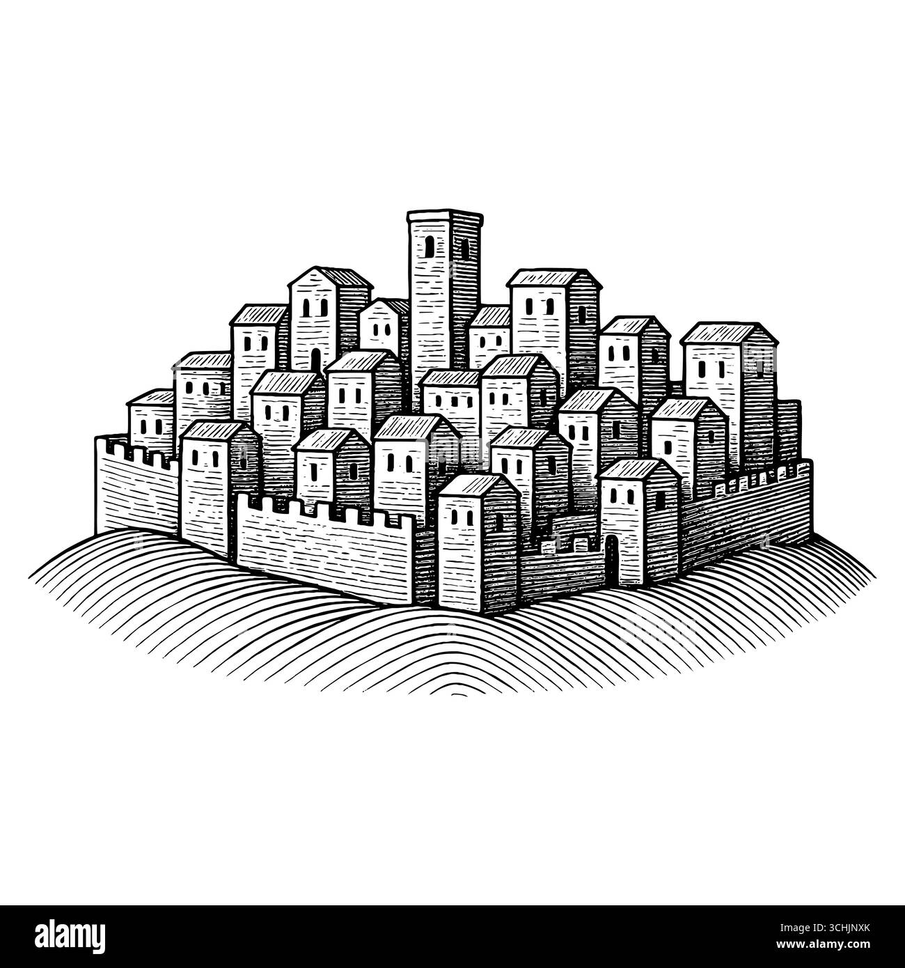Das Heilige Land: Ein Panoramablick auf den Sonnenuntergang der antiken biblischen Stadt Bethlehem oder Nazareth mit traditioneller Steinarchitektur, Palmen und einem Hi Stock Vektor