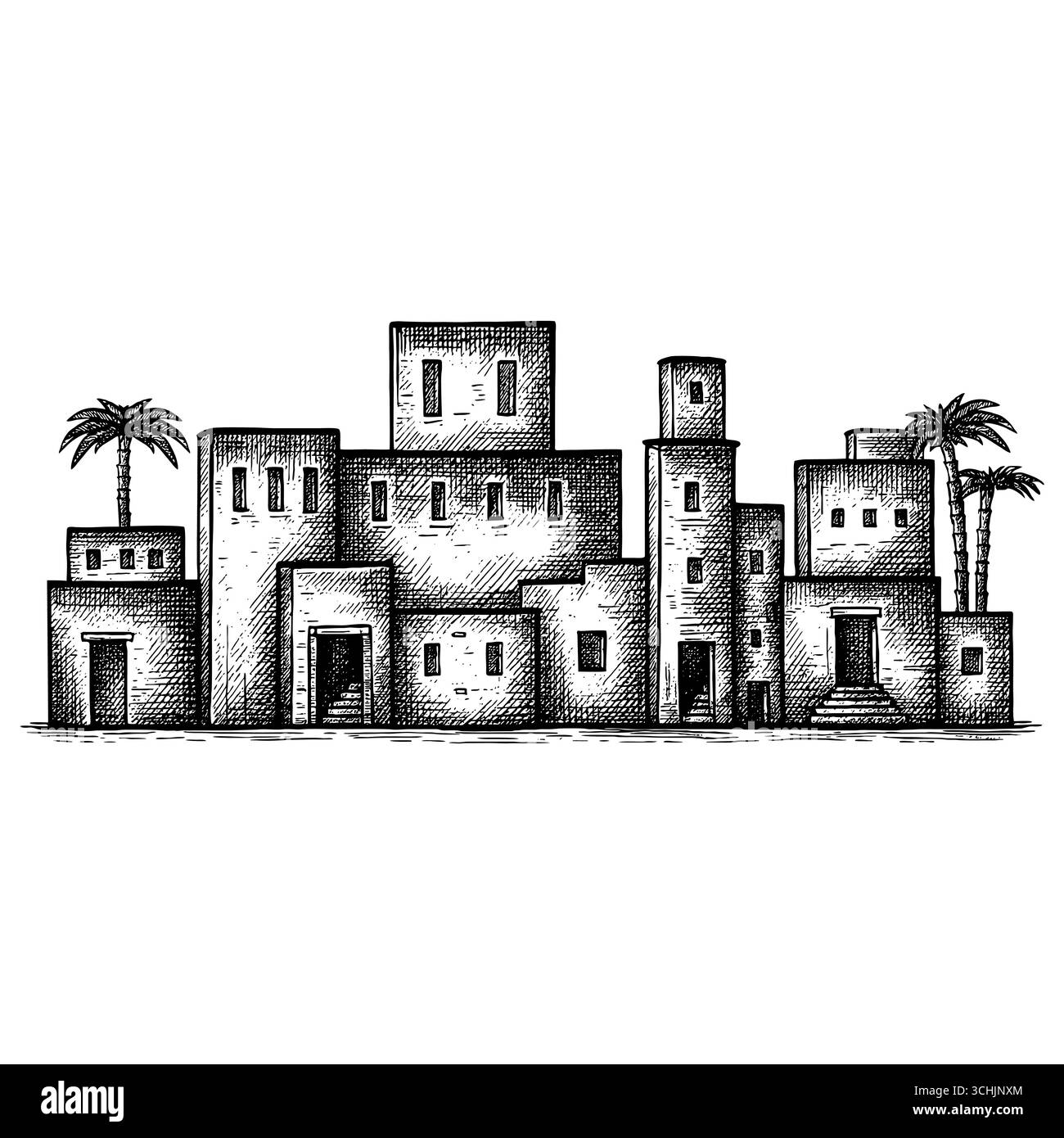 Das Heilige Land: Ein Panoramablick auf den Sonnenuntergang der antiken biblischen Stadt Bethlehem oder Nazareth mit traditioneller Steinarchitektur, Palmen und einem Hi Stock Vektor