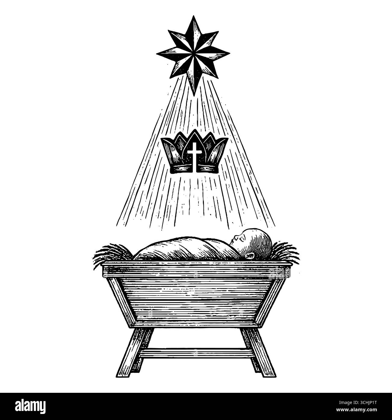 Das Weihnachtswunder: Das neugeborene Baby Jesus, der Messias und König, das friedlich in einer mit Heu gefüllten Krippe schläft, symbolisiert die Geburt des Stock Vektor