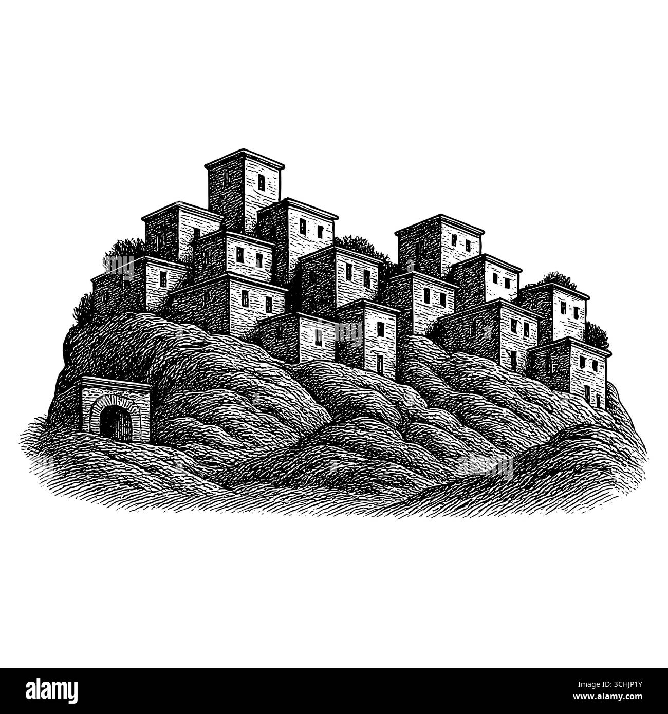 Das Heilige Land: Ein Panoramablick auf den Sonnenuntergang der antiken biblischen Stadt Bethlehem oder Nazareth mit traditioneller Steinarchitektur, Palmen und einem Hi Stock Vektor