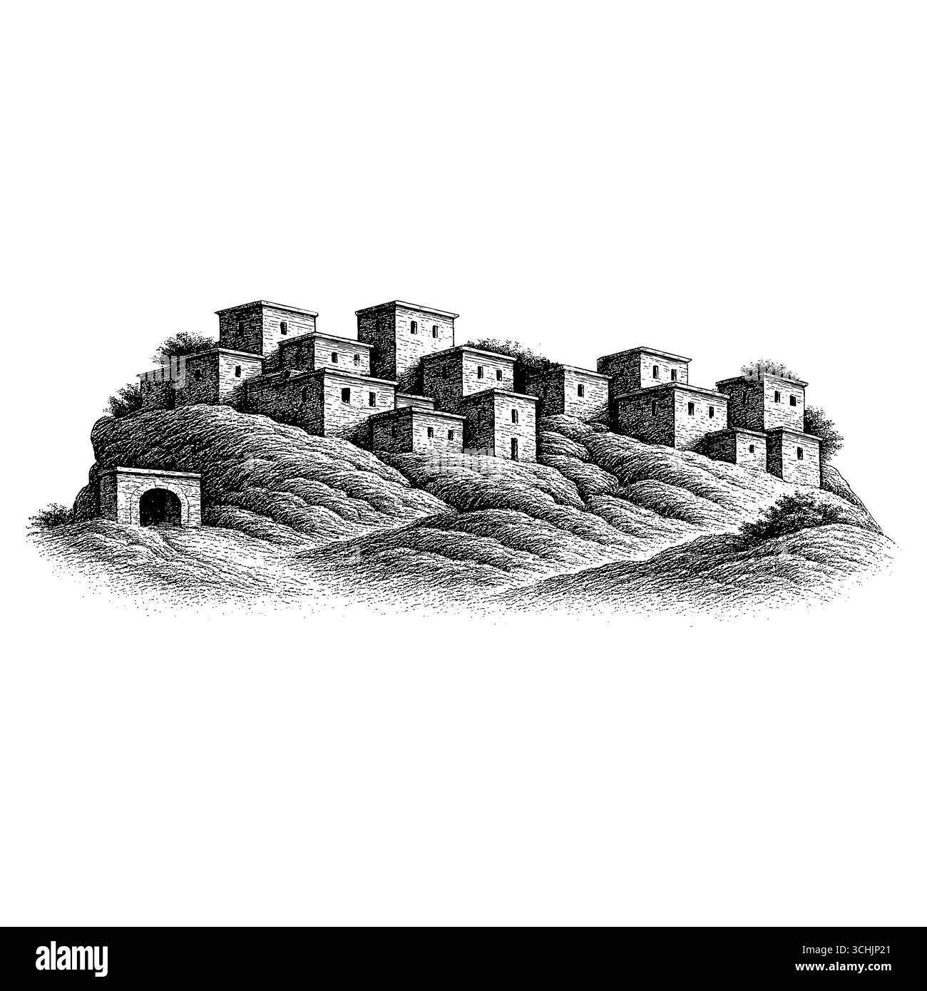 Das Heilige Land: Ein Panoramablick auf den Sonnenuntergang der antiken biblischen Stadt Bethlehem oder Nazareth mit traditioneller Steinarchitektur, Palmen und einem Hi Stock Vektor