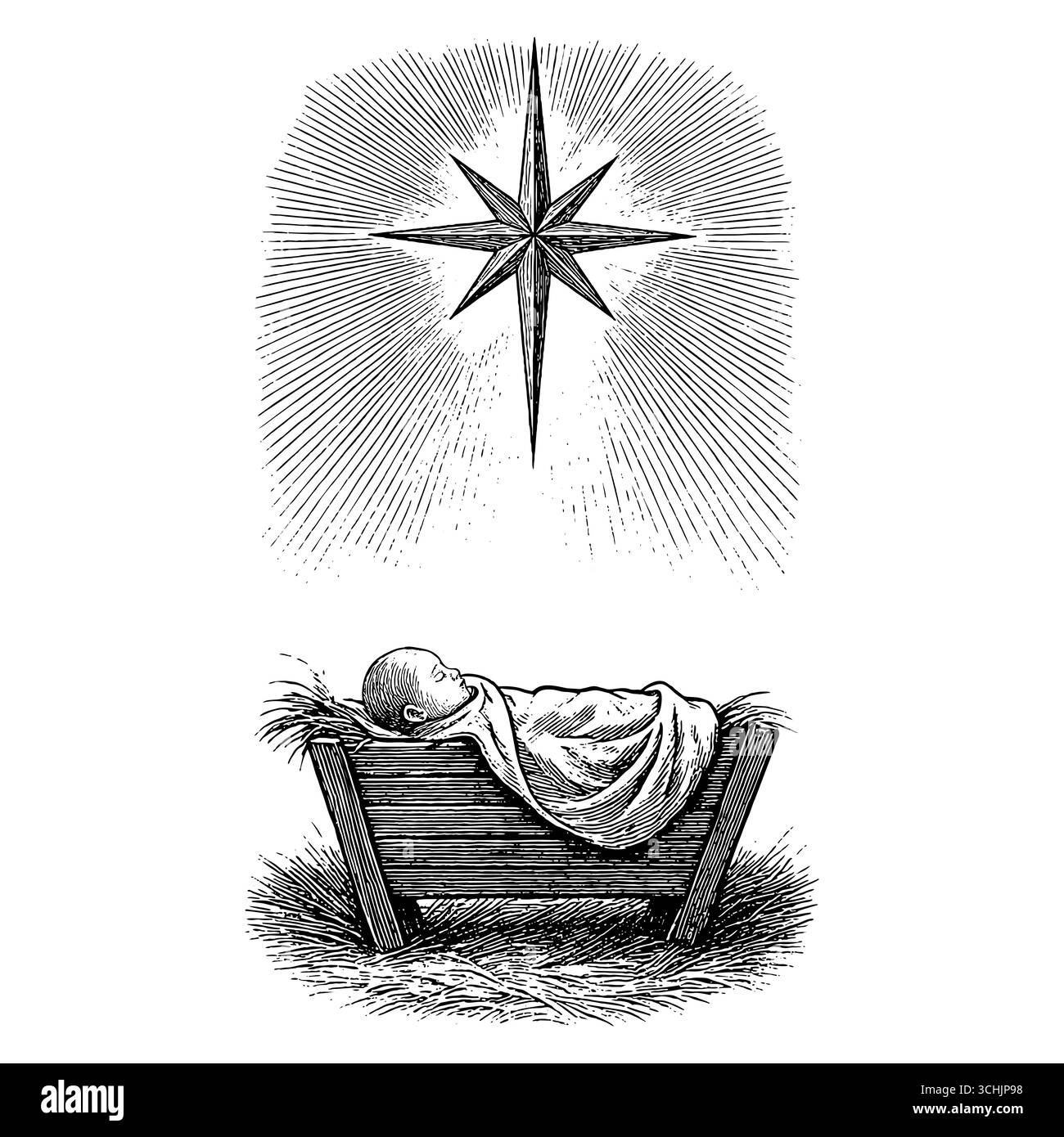 Das Weihnachtswunder: Das neugeborene Baby Jesus, der Messias und König, das friedlich in einer mit Heu gefüllten Krippe schläft, symbolisiert die Geburt des Stock Vektor