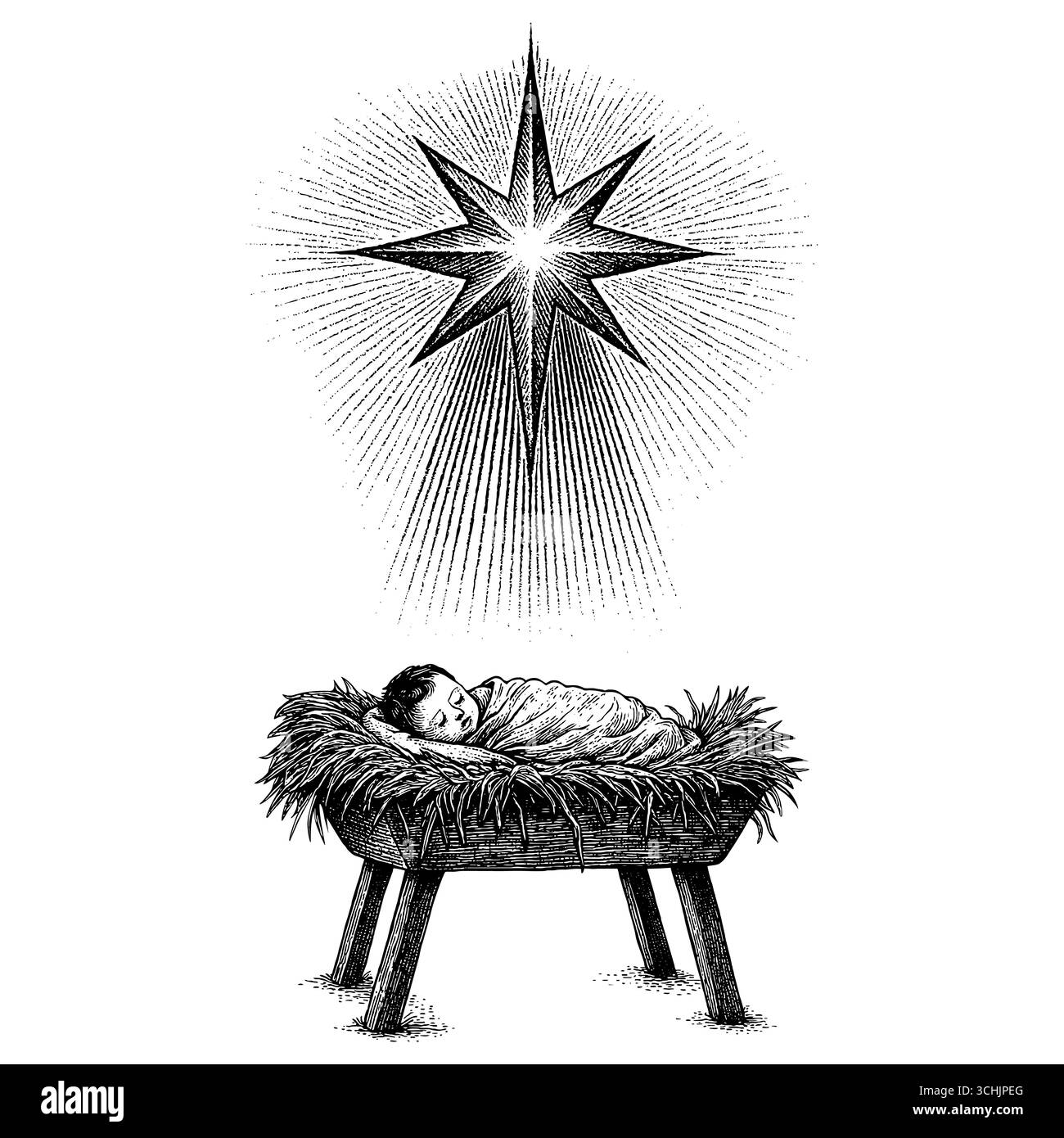 Das Weihnachtswunder: Das neugeborene Baby Jesus, der Messias und König, das friedlich in einer mit Heu gefüllten Krippe schläft, symbolisiert die Geburt des Stock Vektor