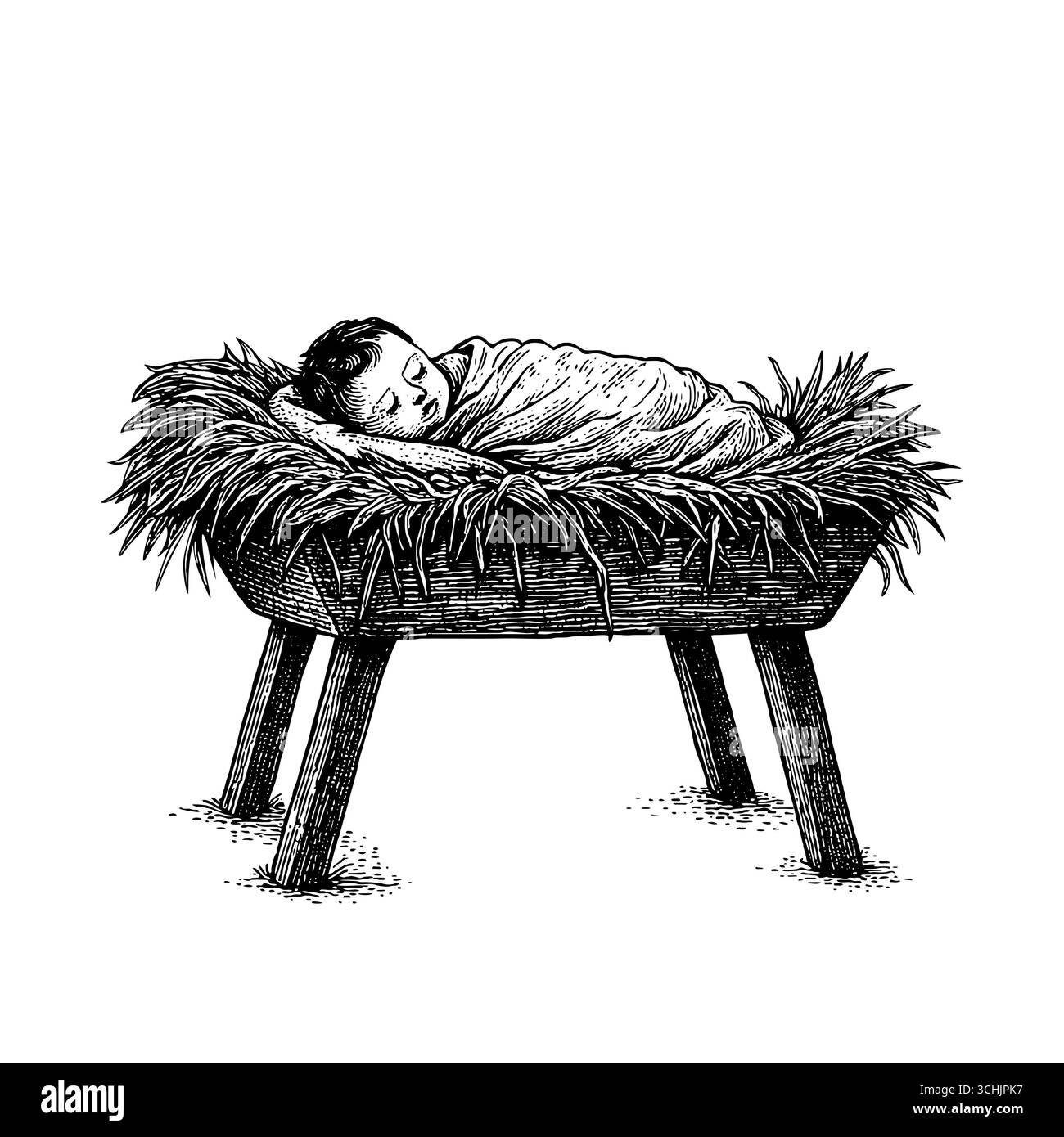 Das Weihnachtswunder: Das neugeborene Baby Jesus, der Messias und König, das friedlich in einer mit Heu gefüllten Krippe schläft, symbolisiert die Geburt des Stock Vektor