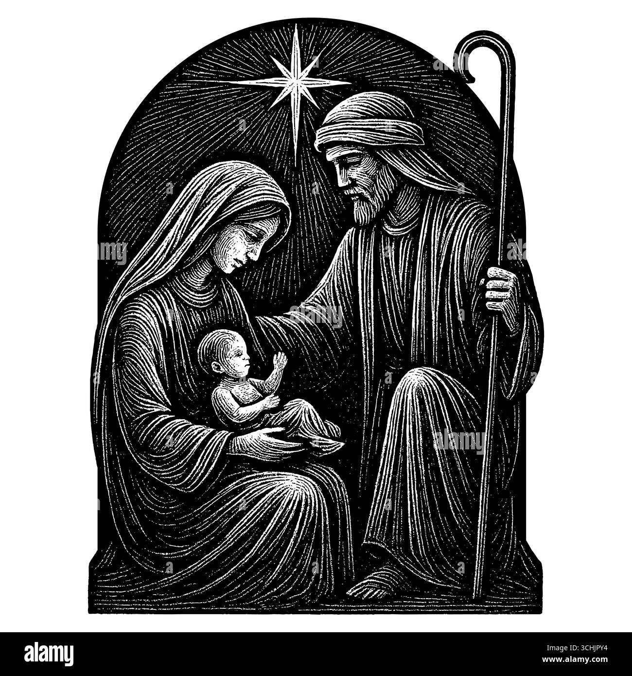 Die Heilige Nacht: Jungfrau Maria und Josef blicken mit Liebe und Ehrfurcht auf das neugeborene Jesuskind in der Krippe, erleuchtet vom göttlichen Licht des Stock Vektor