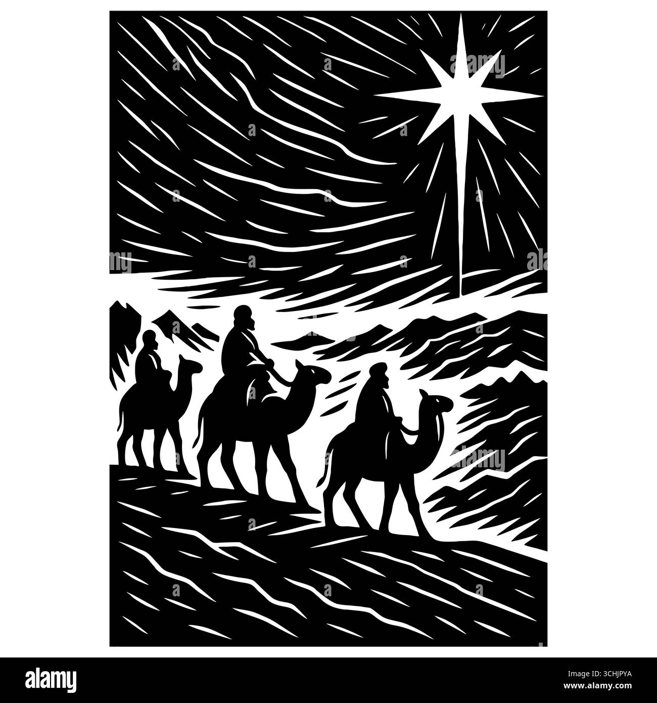 Die drei Weisen, die Könige auf Kamelen folgen dem Stern von Bethlehem, um den neugeborenen König und Messias Jesus Christus anzubeten. Stock Vektor