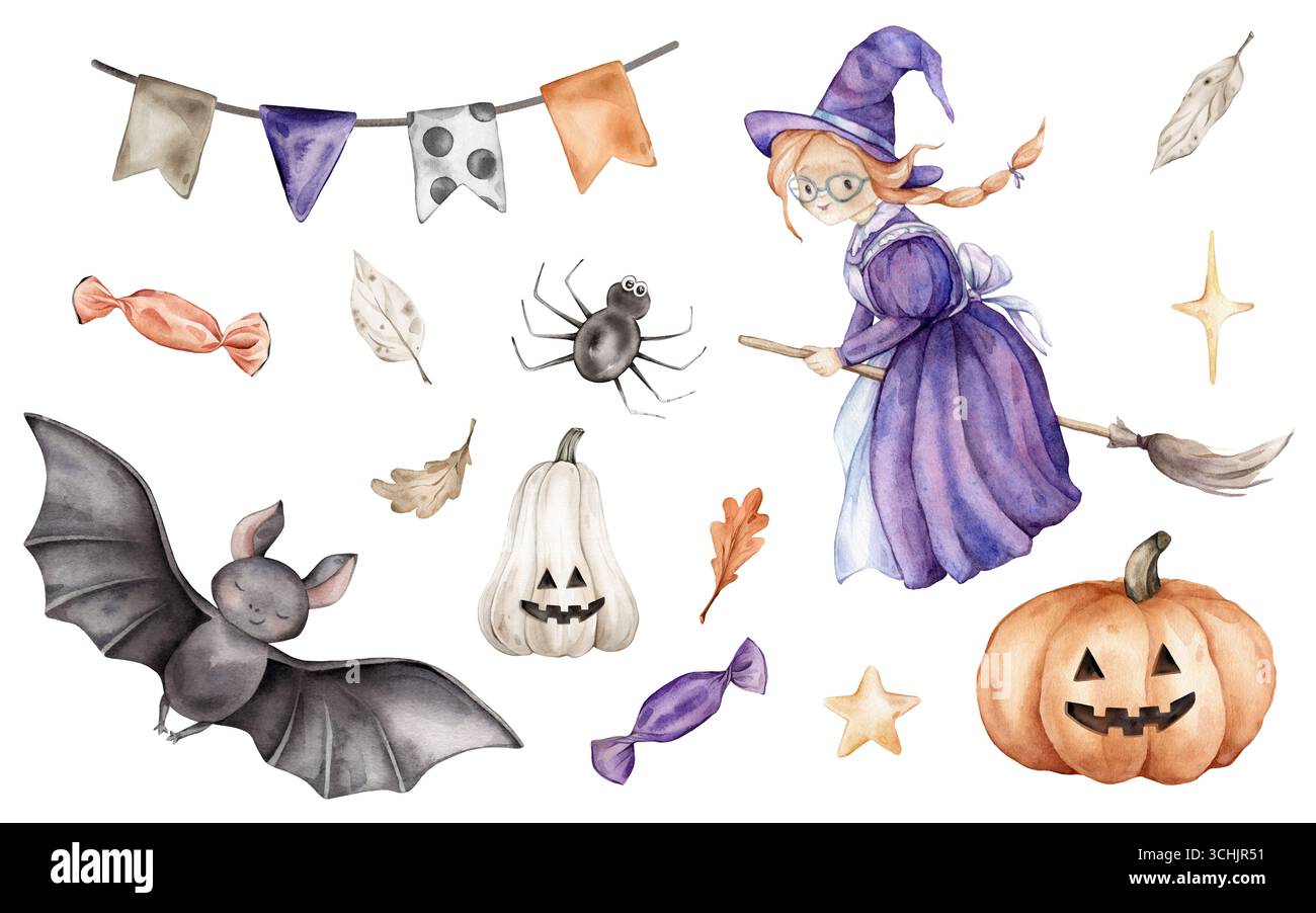 Aquarell Clipart für Halloween mit Hexe in lila und orange braunen Farben. Handgezeichnetes Illustrationsset aus Fledermaus, Spinne, Süßigkeiten für Kinder Stockfoto