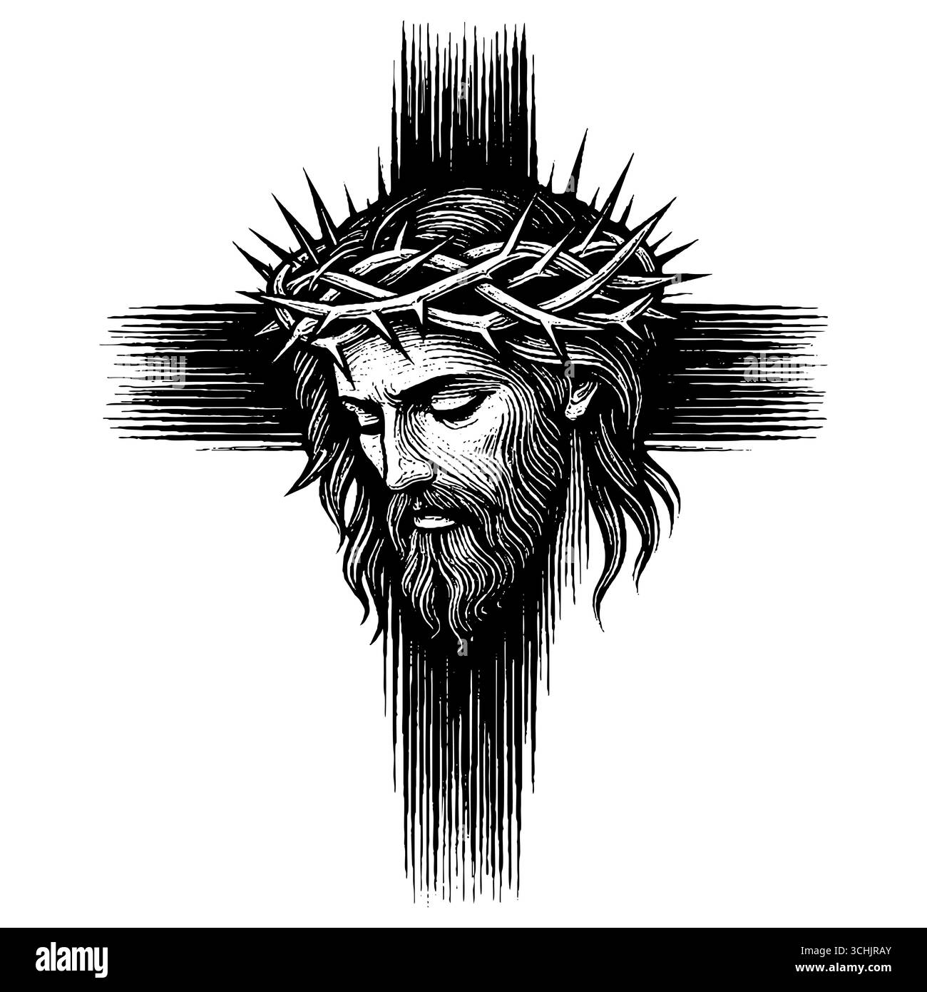 Eine fiktive Darstellung des Gesichts des Erlösers und Erlösers Jesus Christus mit einer Dornenkrone, handgezeichnet im Stile Stock Vektor