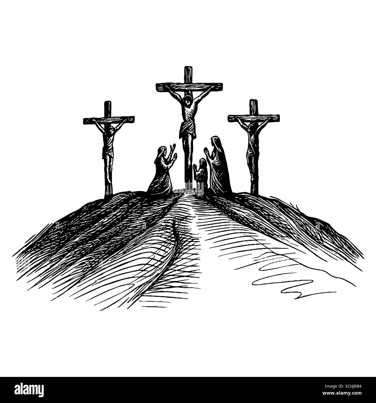 Die Jünger Jesu stehen am Kreuz auf Golgatha nach der Kreuzigung des Erretters Stock Vektor