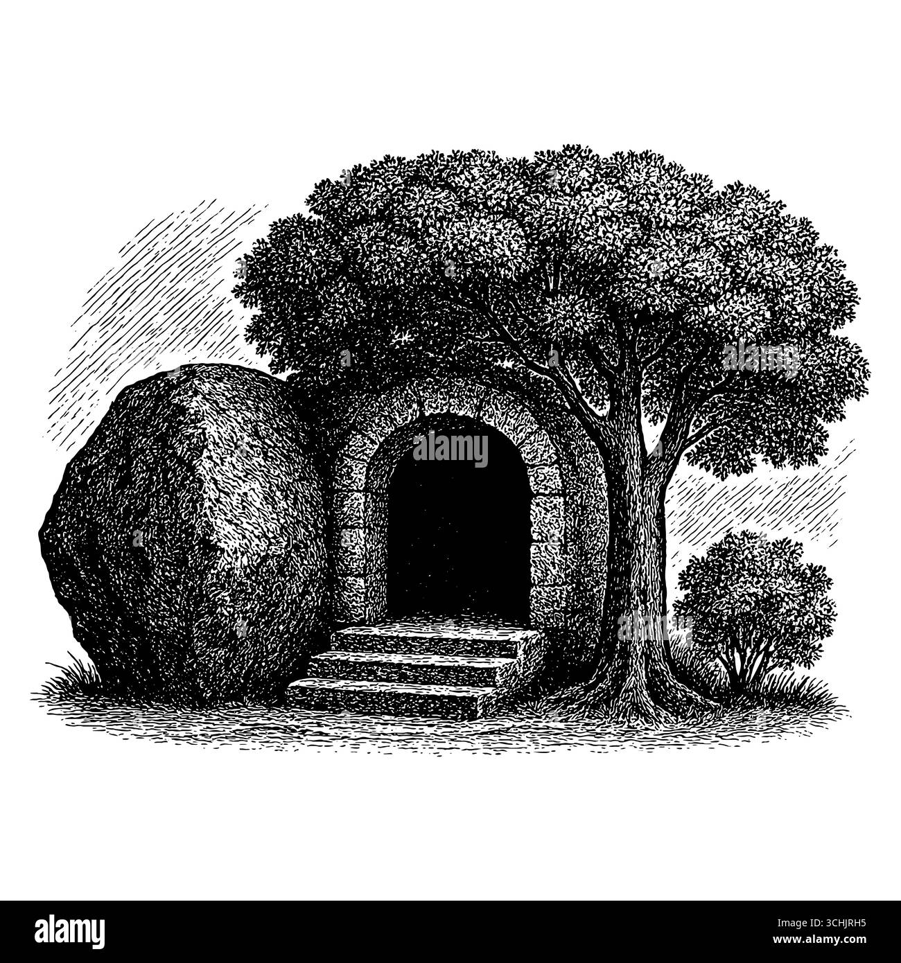 Ostern, die Auferstehung Jesu und das leere Grab Christi mit dem weggerollten Stein Stock Vektor