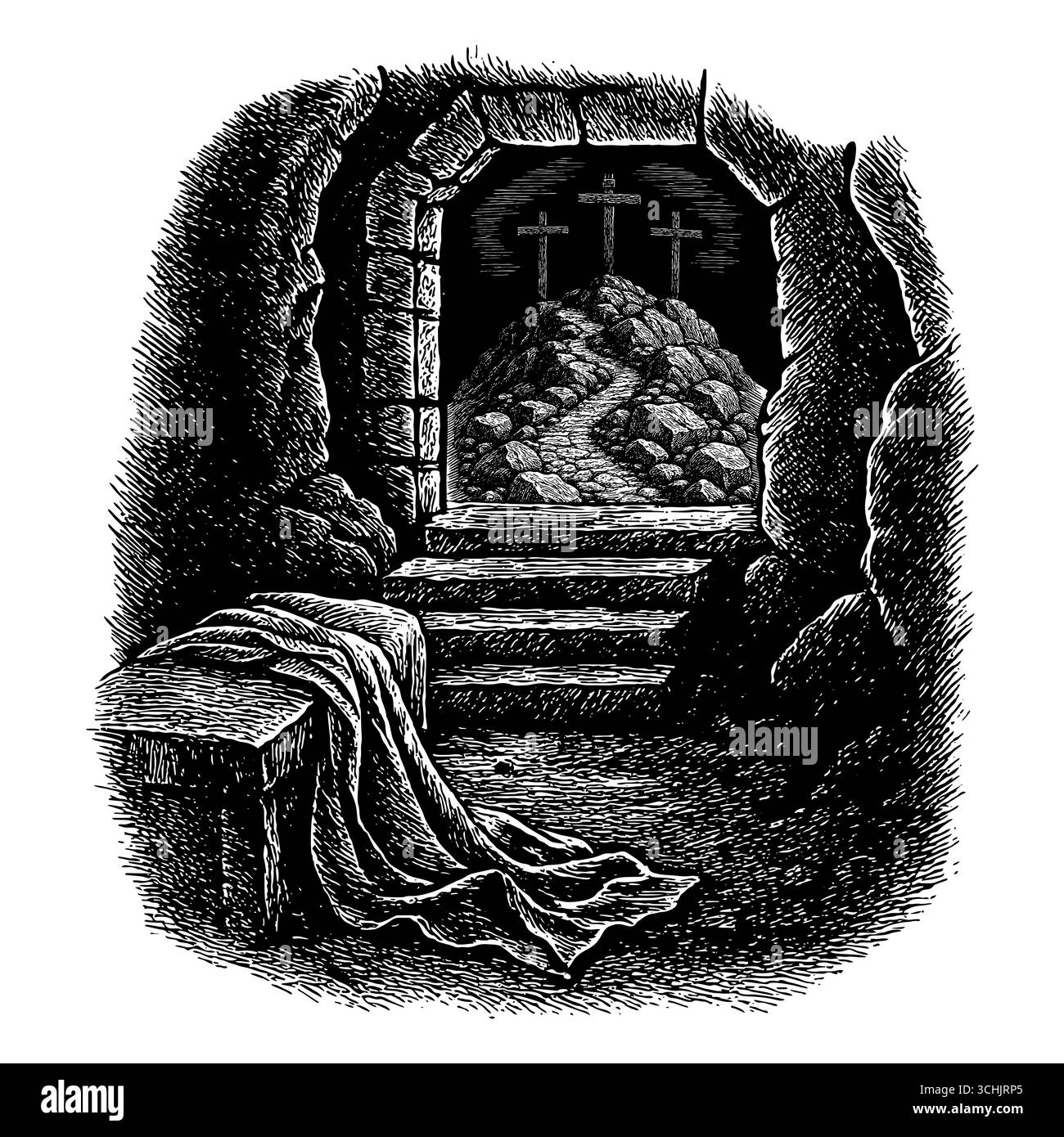 Die Auferstehung Christi. Ein Blick aus dem Inneren des Grabes Jesu, auf die drei Kreuze auf Golgatha Stock Vektor