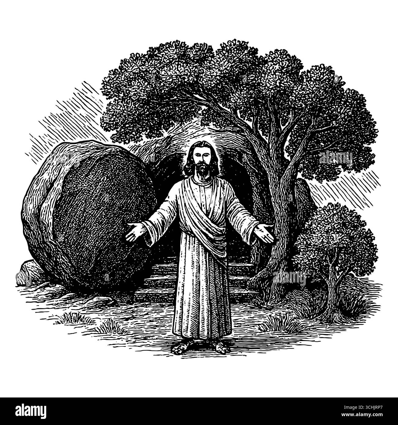 Ostern, die Auferstehung Jesu und das leere Grab Christi mit dem weggerollten Stein Stock Vektor