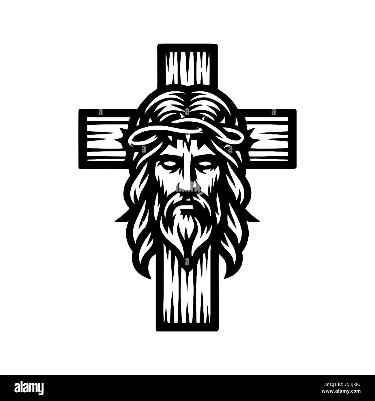 Eine fiktive Darstellung des Gesichts des Erlösers und Erlösers Jesus Christus mit einer Dornenkrone, handgezeichnet im Stile Stock Vektor