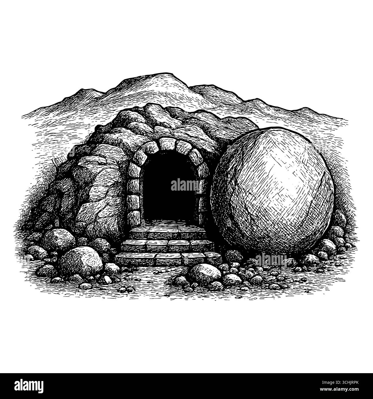 Ostern, die Auferstehung Jesu und das leere Grab Christi mit dem weggerollten Stein Stock Vektor