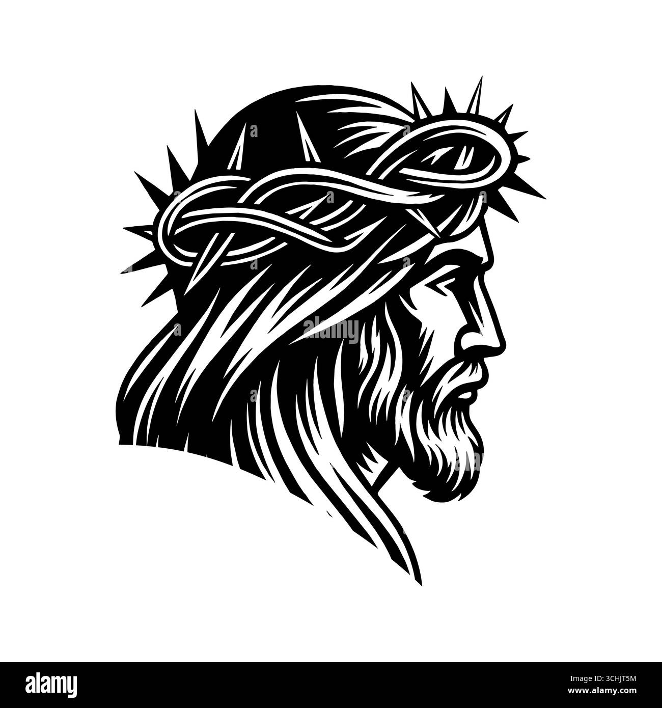 Eine fiktive Darstellung des Gesichts des Erlösers und Erlösers Jesus Christus mit einer Dornenkrone, handgezeichnet im Stile Stock Vektor