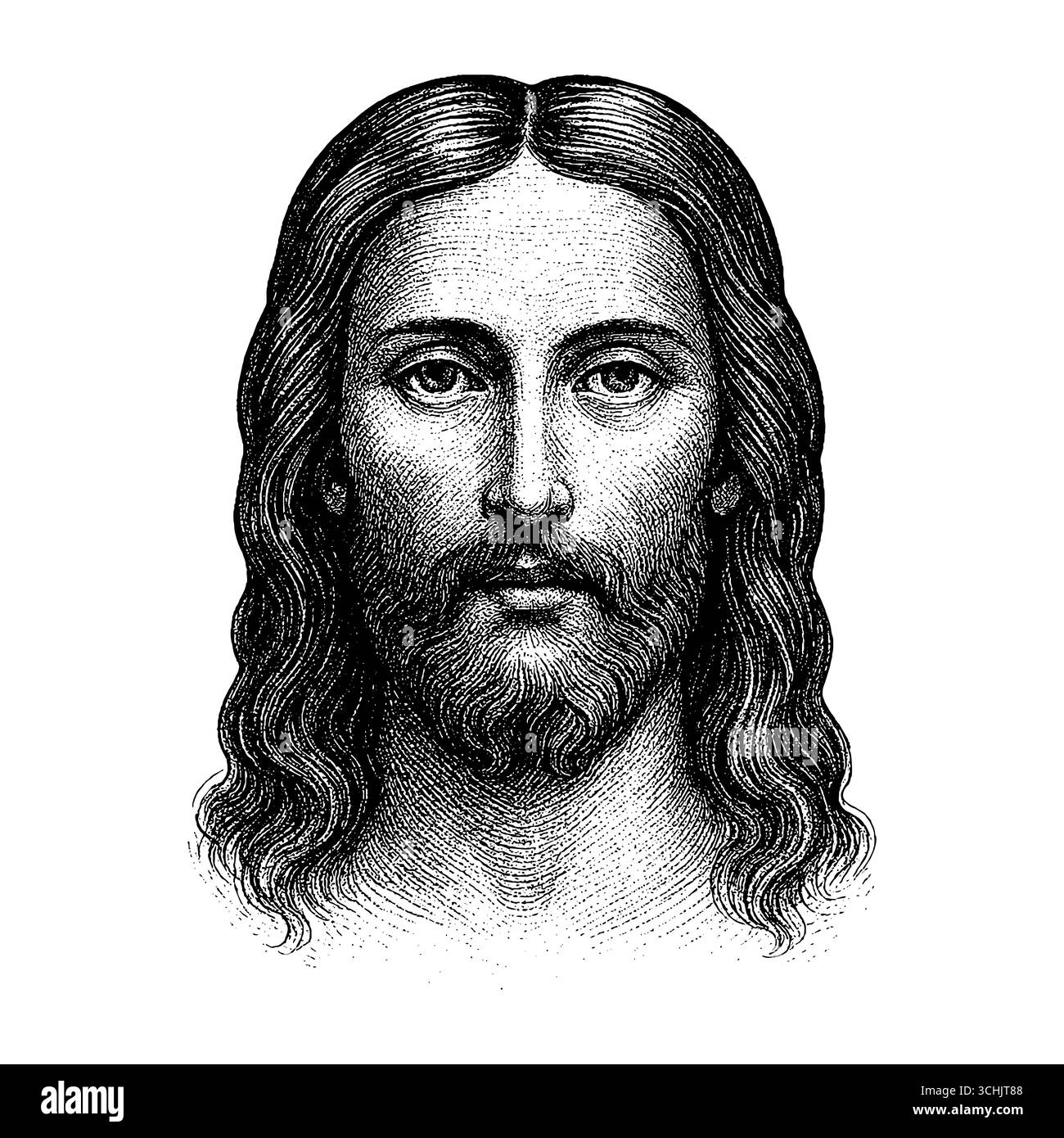 Eine fiktive Darstellung des Gesichts des Erlösers und Erlösers Jesus Christus, handgezeichnet in einem Stich Stock Vektor