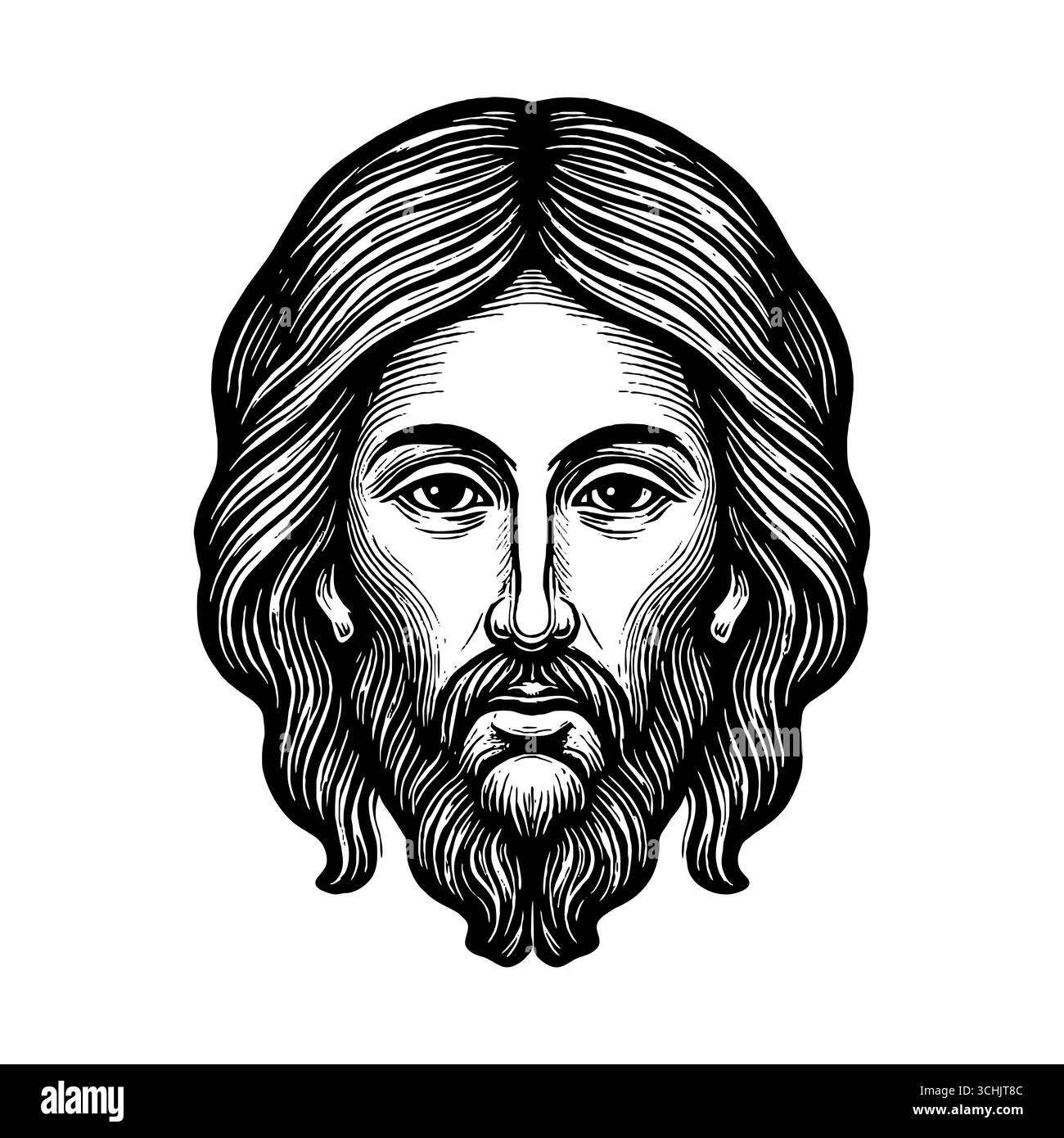 Eine fiktive Darstellung des Gesichts des Erlösers und Erlösers Jesus Christus, handgezeichnet in einem Stich Stock Vektor
