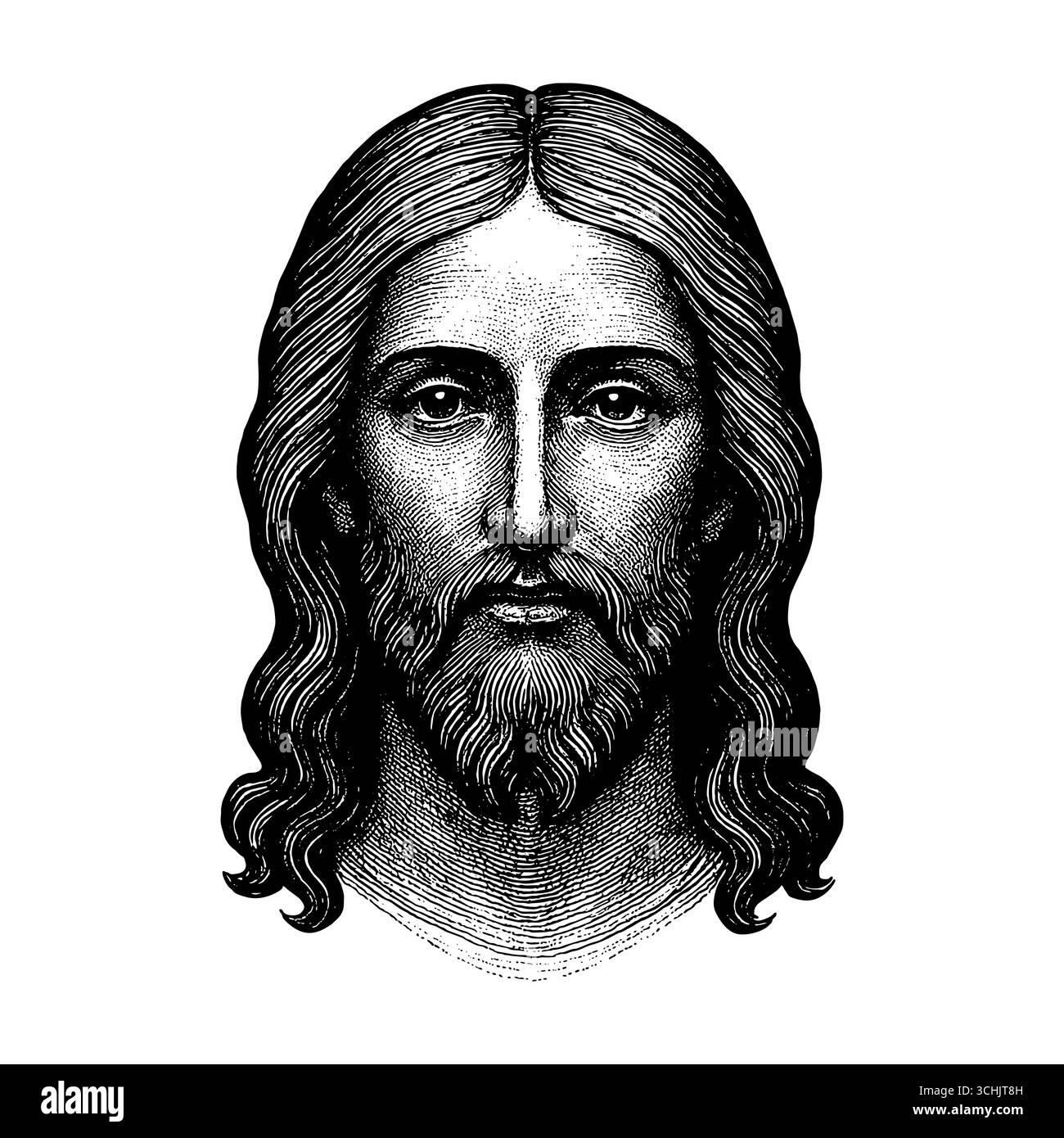 Eine fiktive Darstellung des Gesichts des Erlösers und Erlösers Jesus Christus, handgezeichnet in einem Stich Stock Vektor