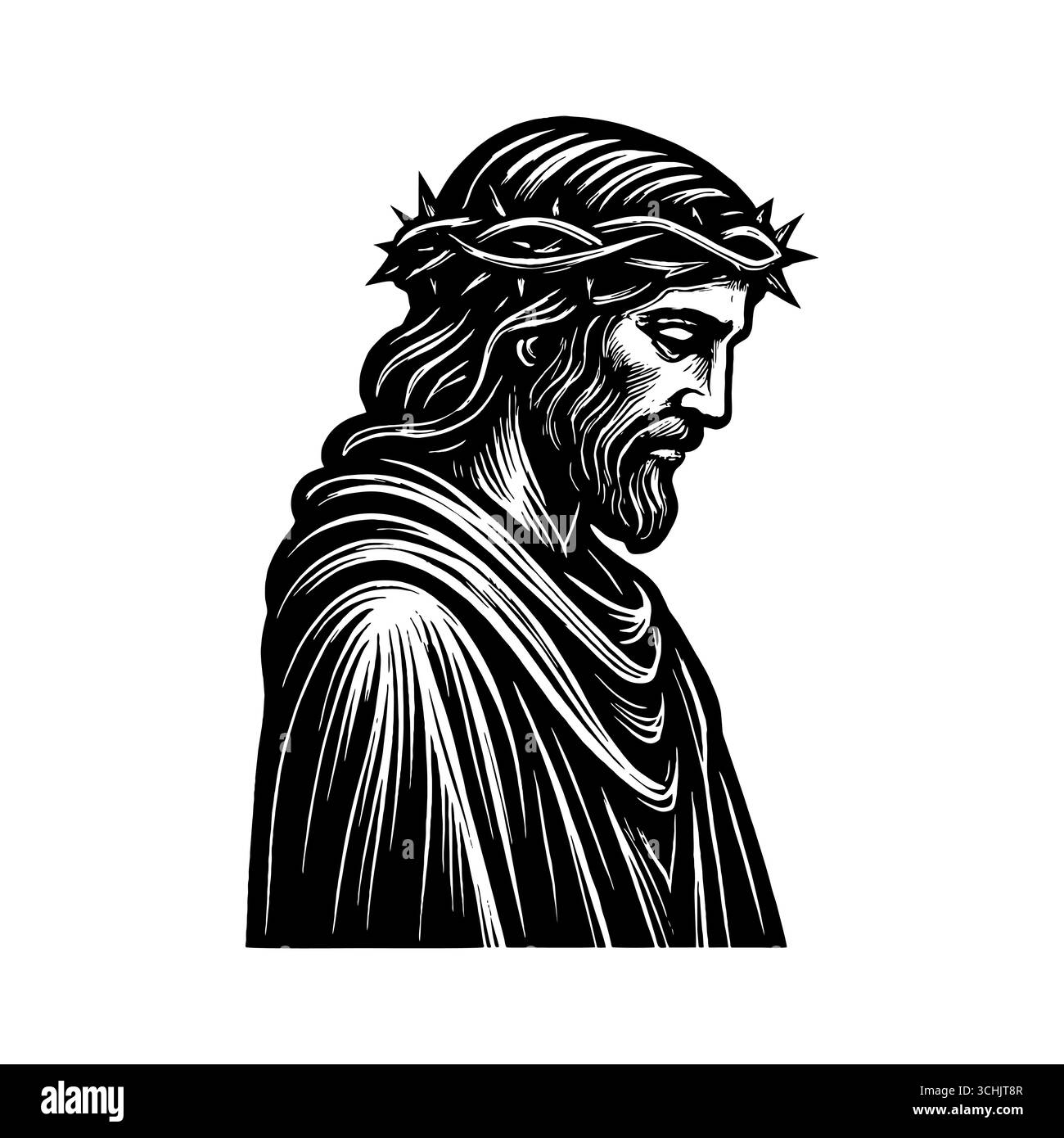 Eine fiktive Darstellung des Gesichts des Erlösers und Erlösers Jesus Christus mit einer Dornenkrone, handgezeichnet im Stile Stock Vektor