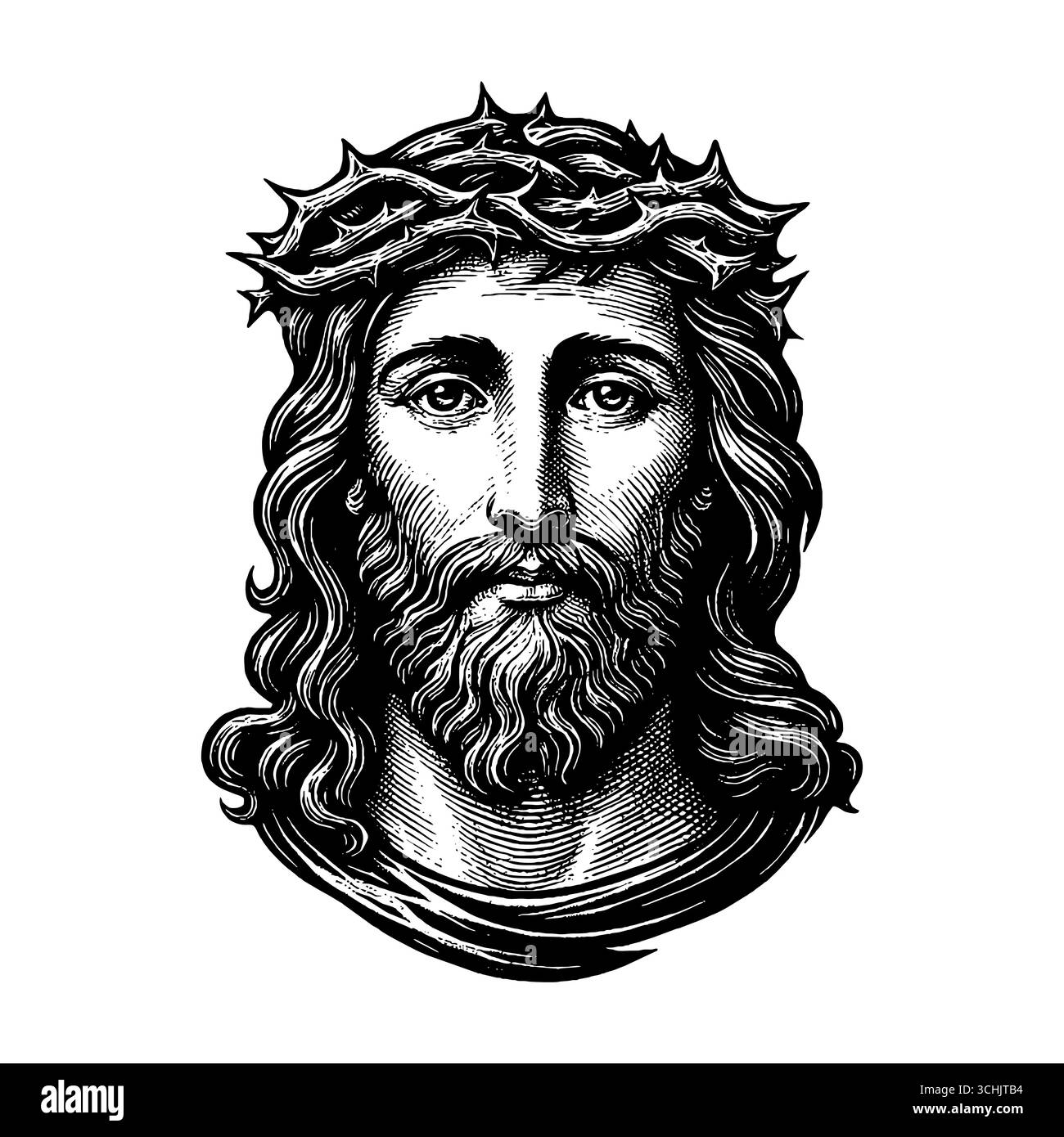 Eine fiktive Darstellung des Gesichts des Erlösers und Erlösers Jesus Christus mit einer Dornenkrone, handgezeichnet im Stile Stock Vektor