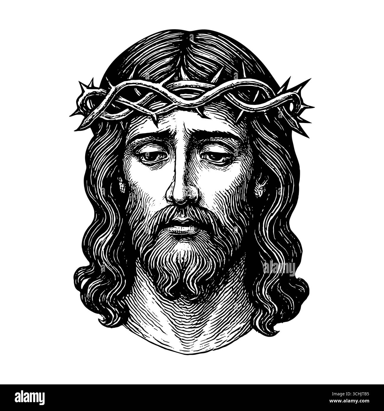 Eine fiktive Darstellung des Gesichts des Erlösers und Erlösers Jesus Christus mit einer Dornenkrone, handgezeichnet im Stile Stock Vektor