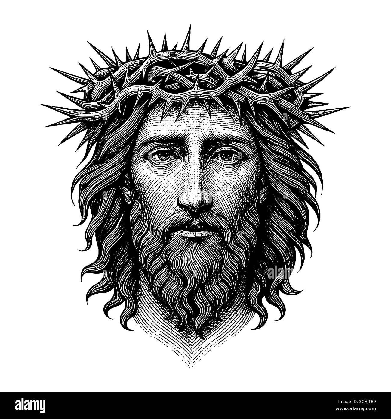 Eine fiktive Darstellung des Gesichts des Erlösers und Erlösers Jesus Christus mit einer Dornenkrone, handgezeichnet im Stile Stock Vektor