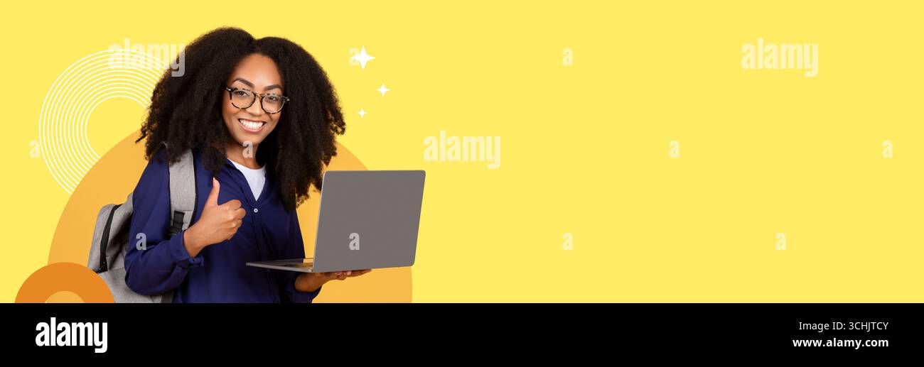 Ein lächelnder Schüler mit Laptop steht für ein neues Zeitalter der Bildung und Zusammenarbeit Stockfoto