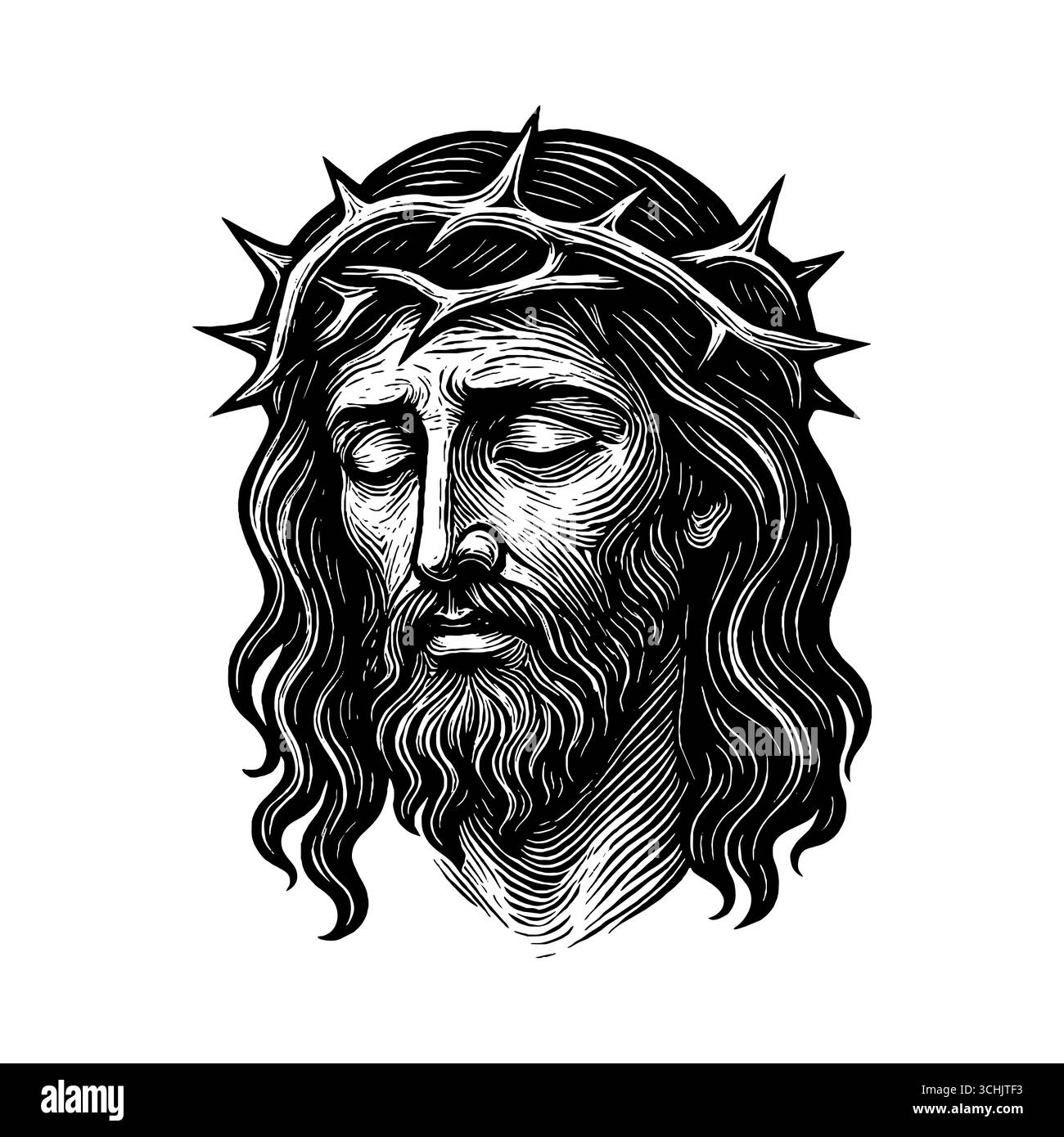 Eine fiktive Darstellung des Gesichts des Erlösers und Erlösers Jesus Christus mit einer Dornenkrone, handgezeichnet im Stile Stock Vektor