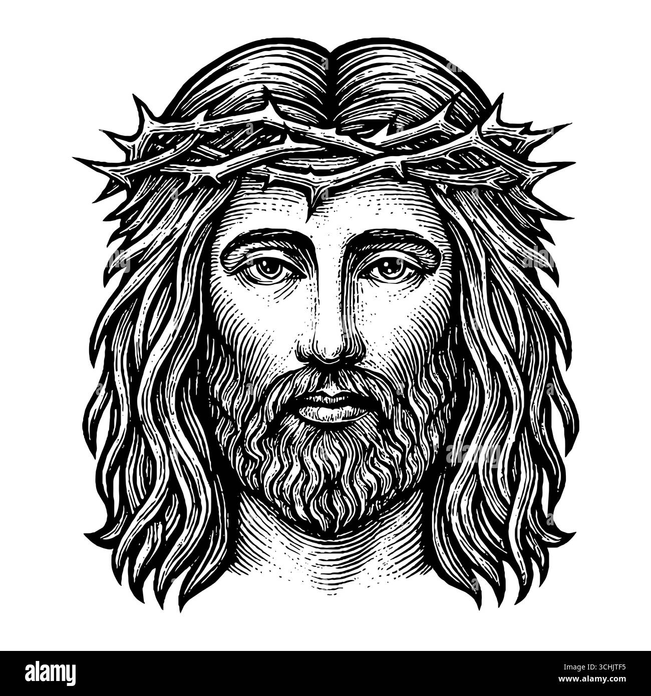 Eine fiktive Darstellung des Gesichts des Erlösers und Erlösers Jesus Christus mit einer Dornenkrone, handgezeichnet im Stile Stock Vektor