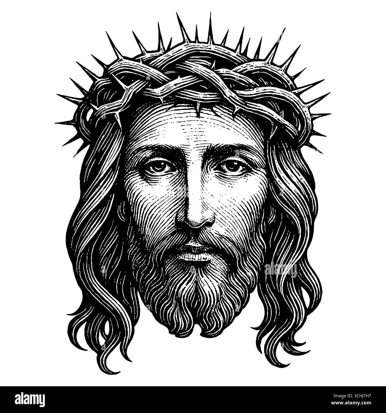 Eine fiktive Darstellung des Gesichts des Erlösers und Erlösers Jesus Christus mit einer Dornenkrone, handgezeichnet im Stile Stock Vektor