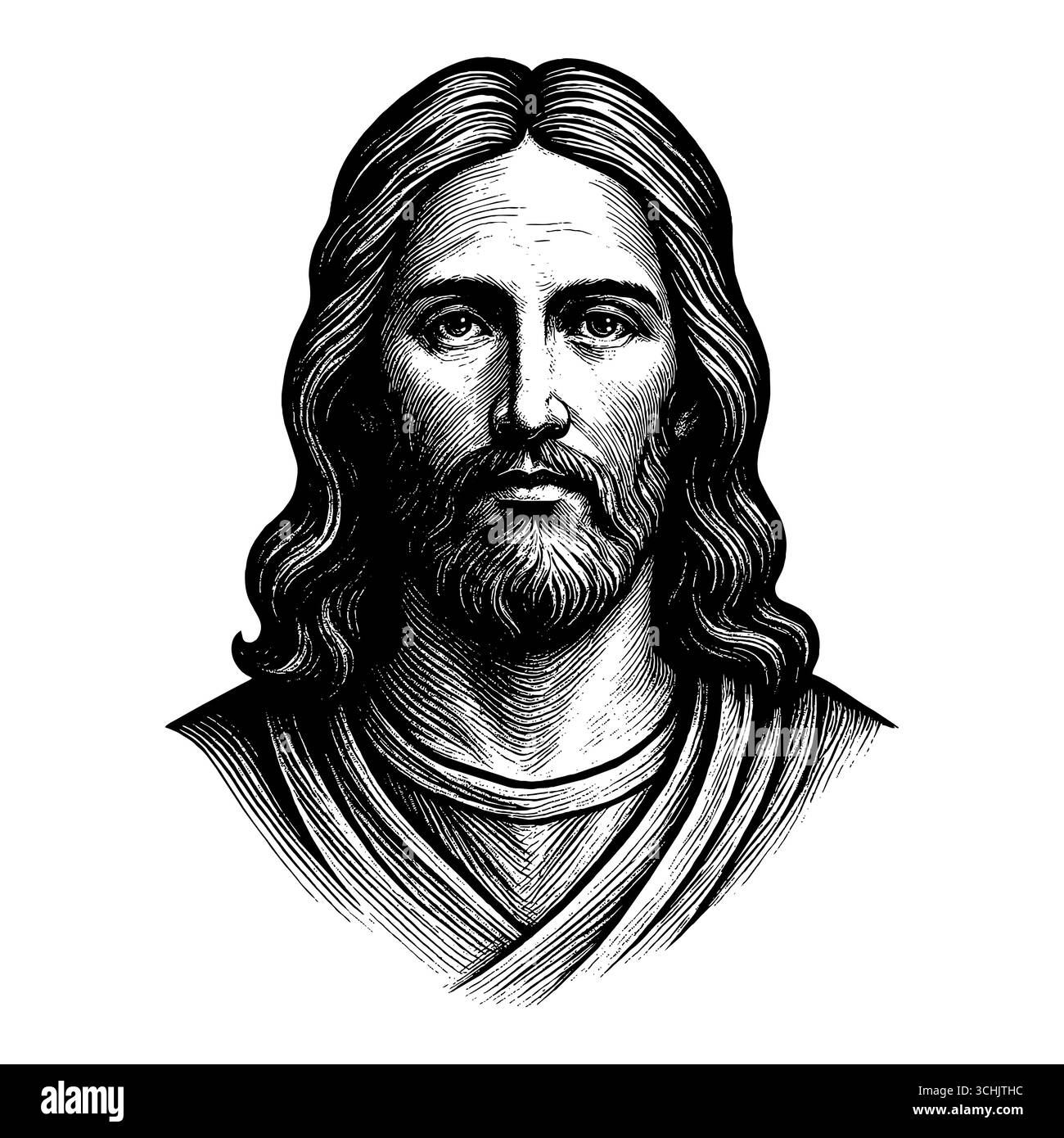 Eine fiktive Darstellung des Gesichts des Erlösers und Erlösers Jesus Christus, handgezeichnet in einem Stich Stock Vektor