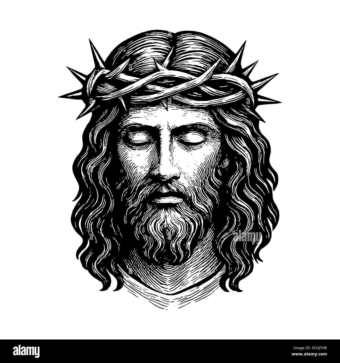 Eine fiktive Darstellung des Gesichts des Erlösers und Erlösers Jesus Christus mit einer Dornenkrone, handgezeichnet im Stile Stock Vektor
