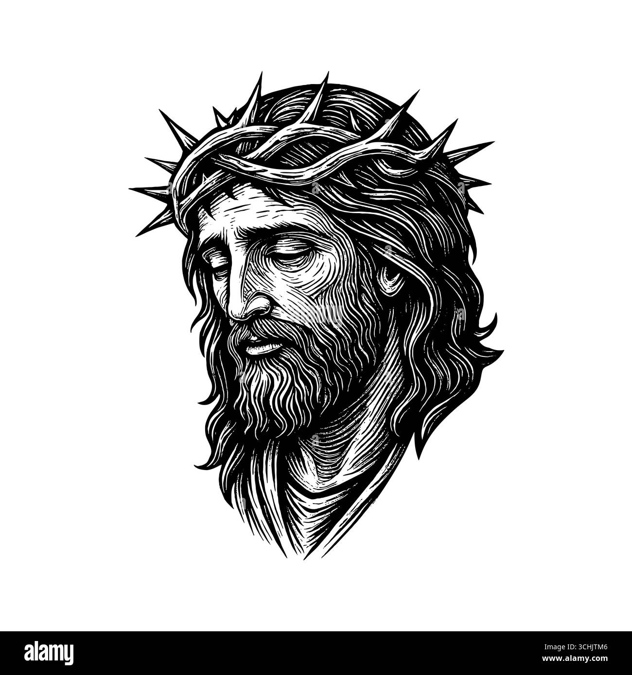 Eine fiktive Darstellung des Gesichts des Erlösers und Erlösers Jesus Christus mit einer Dornenkrone, handgezeichnet im Stile Stock Vektor