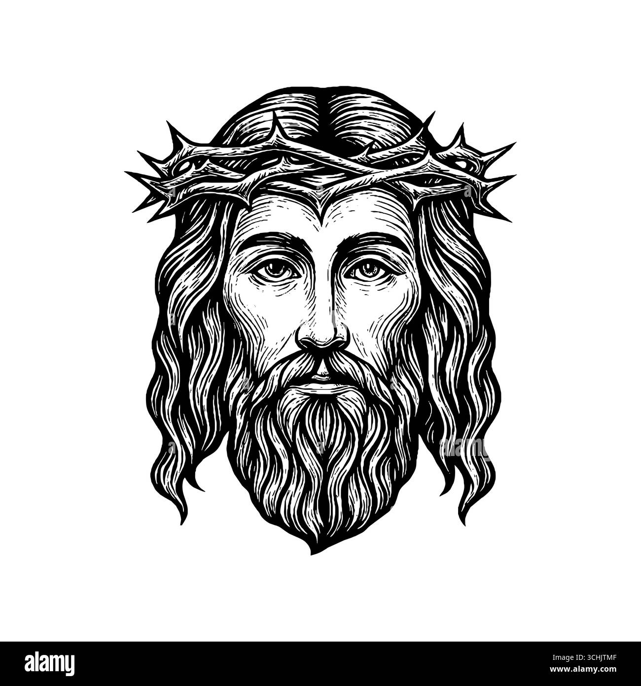 Eine fiktive Darstellung des Gesichts des Erlösers und Erlösers Jesus Christus mit einer Dornenkrone, handgezeichnet im Stile Stock Vektor
