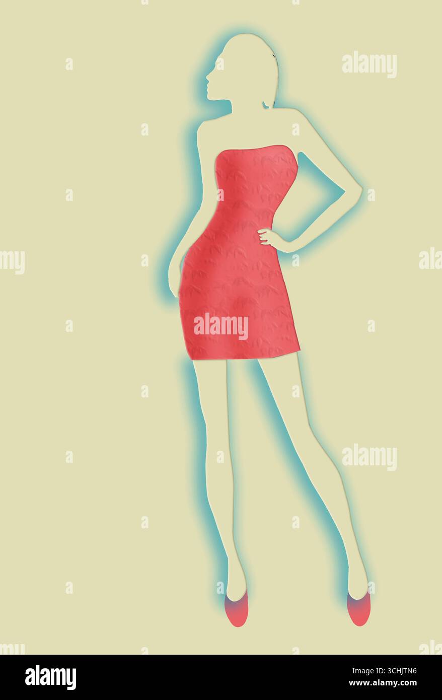 Sommerkleider sind das Thema dieser 3D-Illustration einer Frau in einem Papierschnitt Illustratin-Design. Stockfoto
