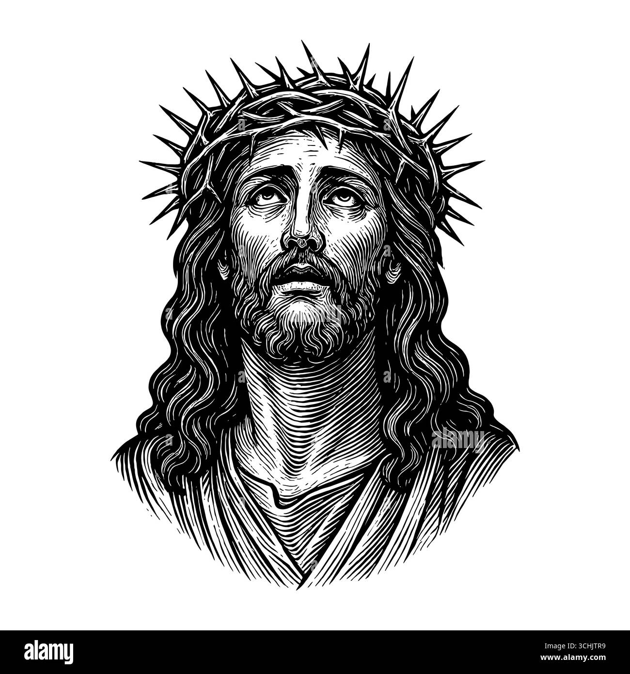 Eine fiktive Darstellung des Gesichts des Erlösers und Erlösers Jesus Christus mit einer Dornenkrone, handgezeichnet im Stile Stock Vektor