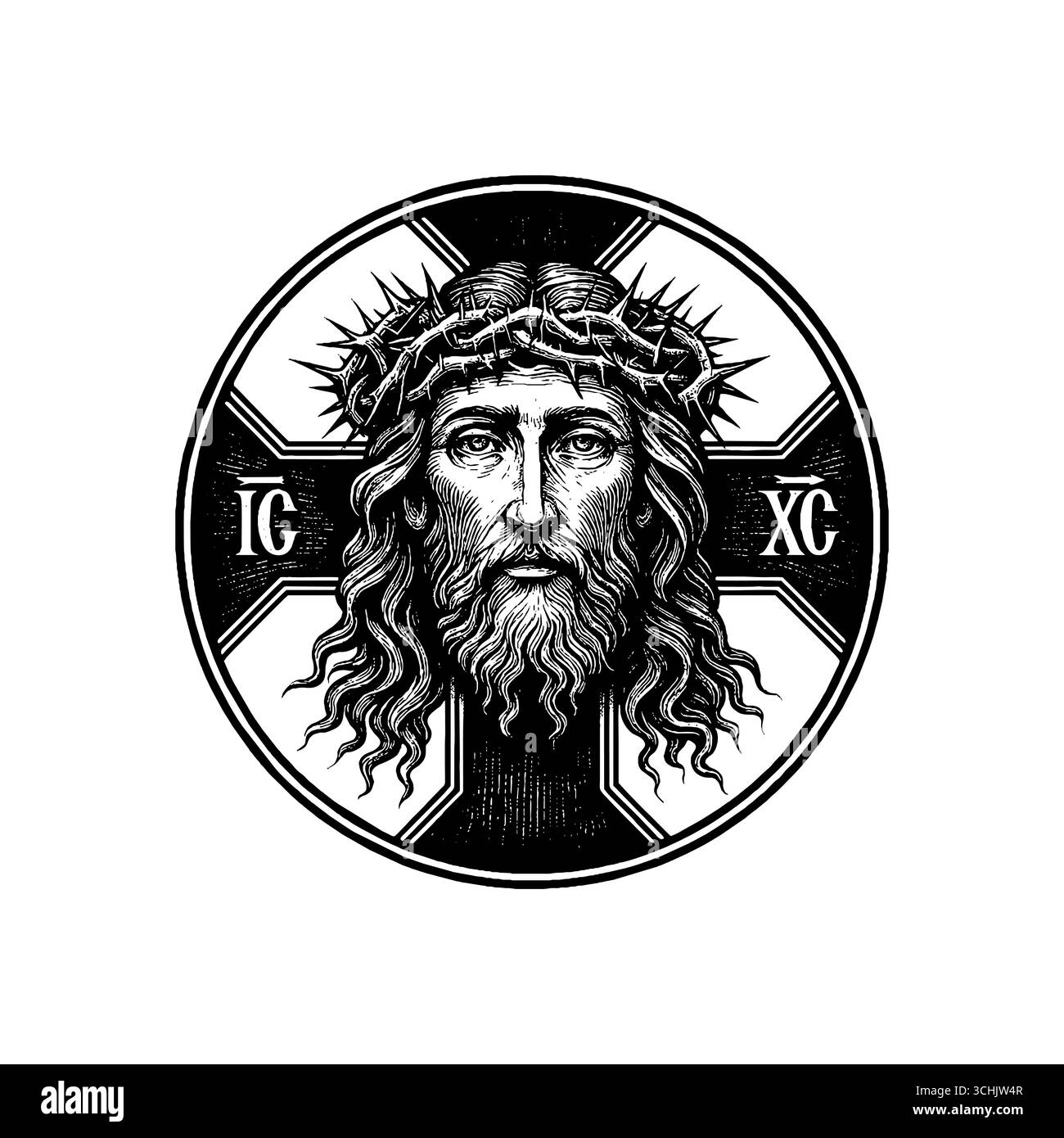 Eine fiktive Darstellung des Gesichts des Erlösers und Erlösers Jesus Christus mit einer Dornenkrone, handgezeichnet im Stile Stock Vektor