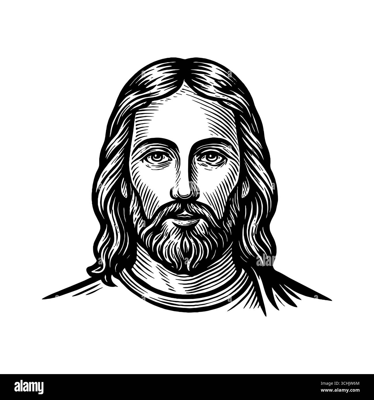 Eine fiktive Darstellung des Gesichts des Erlösers und Erlösers Jesus Christus, handgezeichnet in einem Stich Stock Vektor
